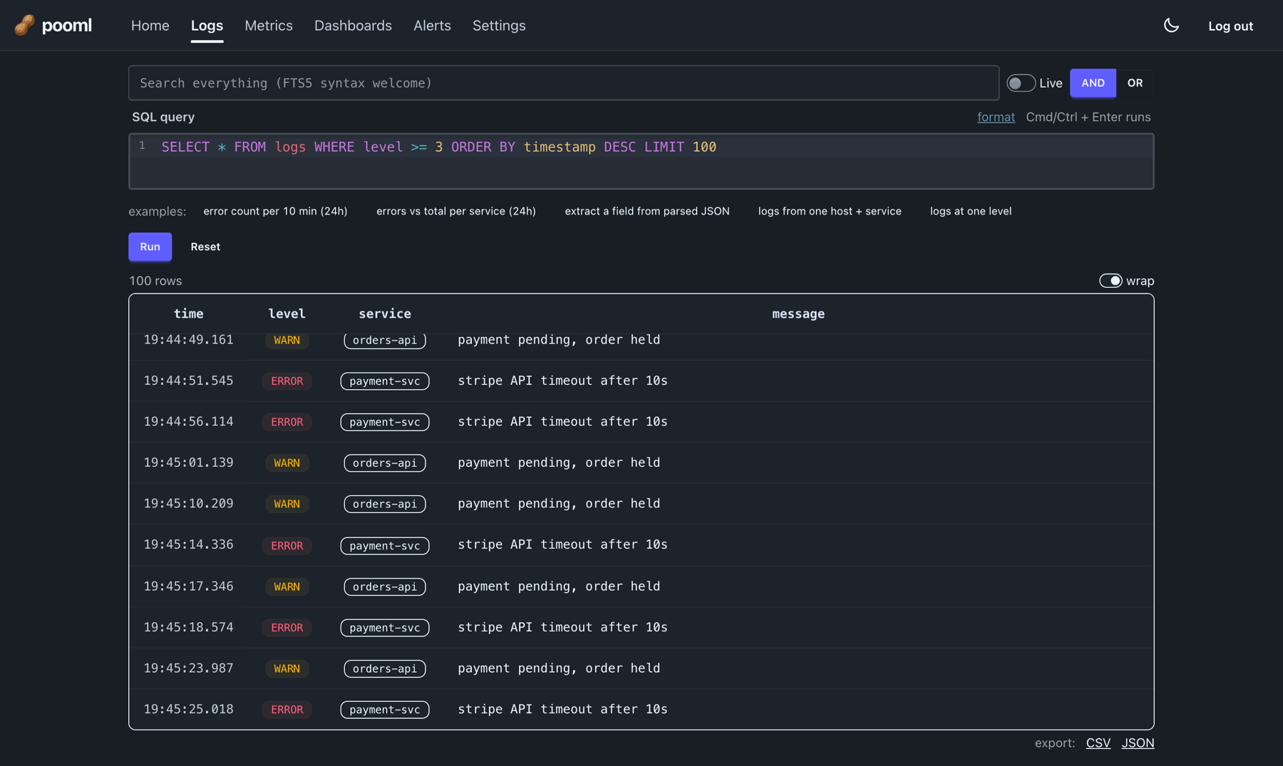 The pooml logs view filtered to errors: a burst of stripe API timeouts during the demo incident
